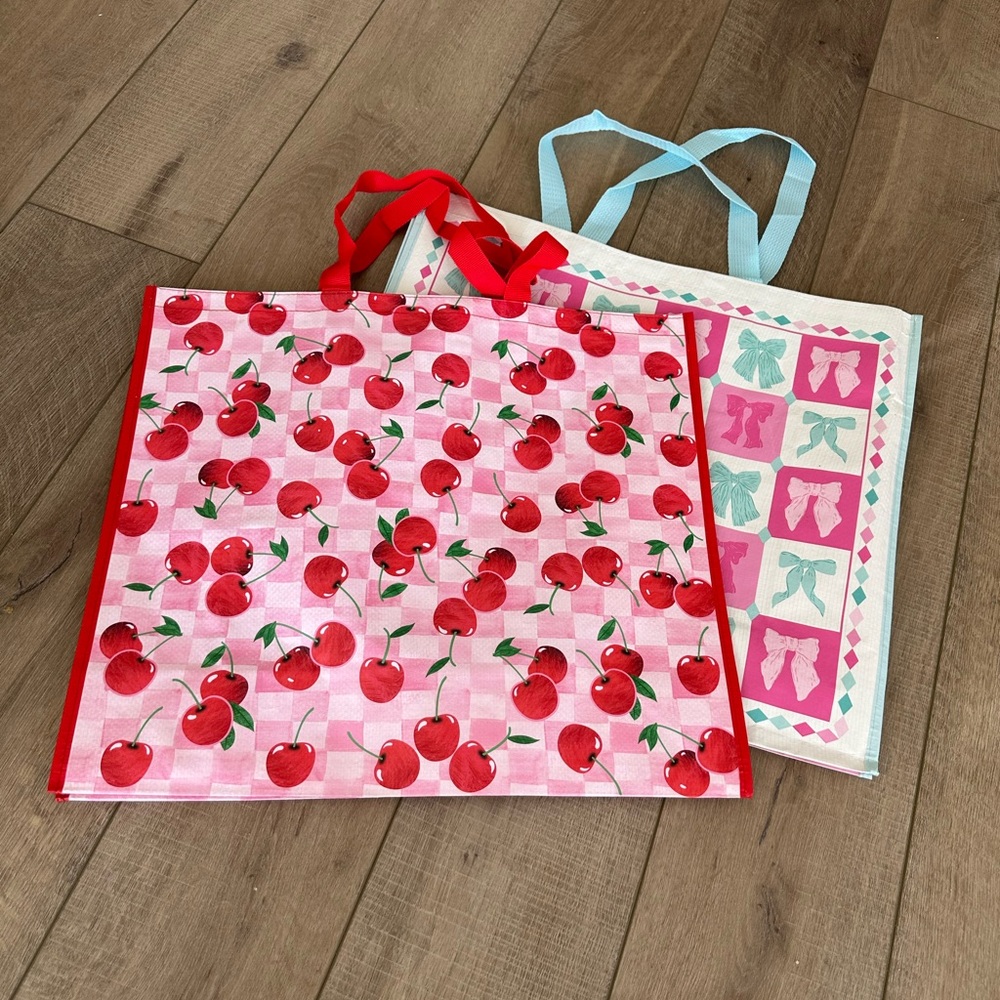 Homegoods TJMaxx Marshalls Viral Cherry & Pink Blue Bow Print Tote Bags NWOT